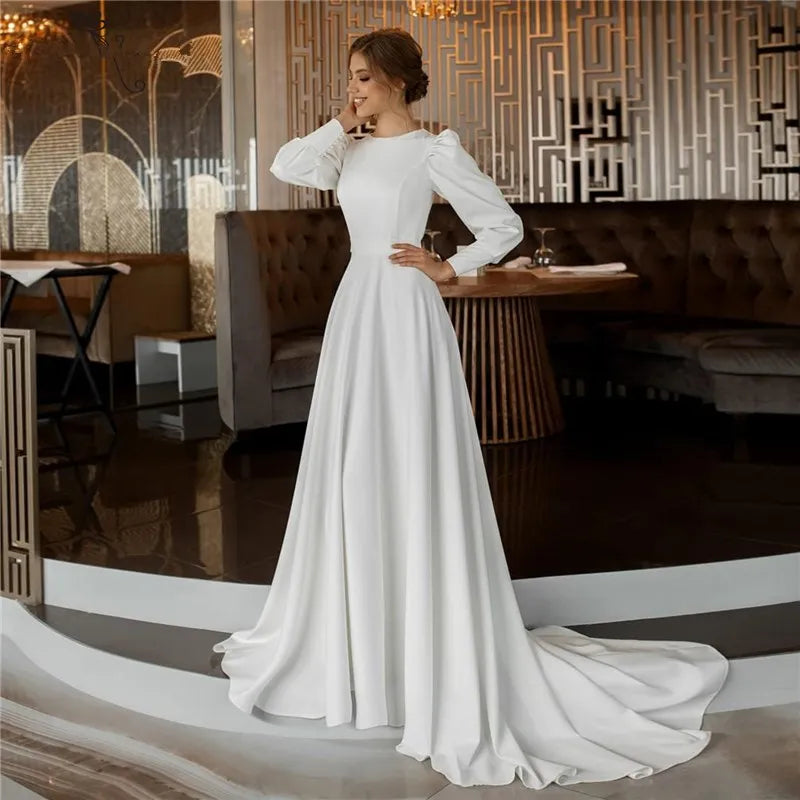 Customized Elegant Long Sleeve Wedding Dresses Satin Vestido De Noiva Muslim Bridal Gowns Dubai Back Button Robe De Mariée Red
