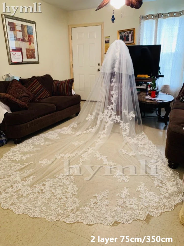 White / Ivory Lace Wedding Veil 2 Layer 5 Meters Long Bridal Veil Church Veil Blush Veil with Metal Comb