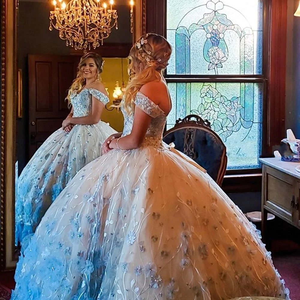 3D Flowers Sequined Quinceanera Dresses Sweet 16 Dress Light Sky Blue Flowers Ball Gown