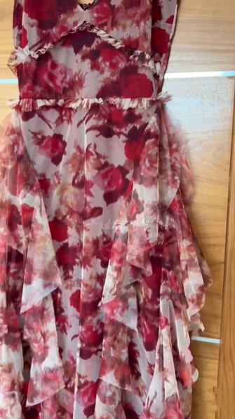 Unique Tulle Chiffon Rose Floral Print Ruffles Party Evening Dress A Line Prom Dress