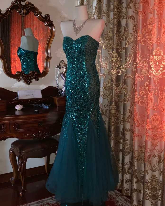 Vintage Strapless Green Tulle Sequin Mermaid Evening Dress Long Wedding Guest Dress Party Gown