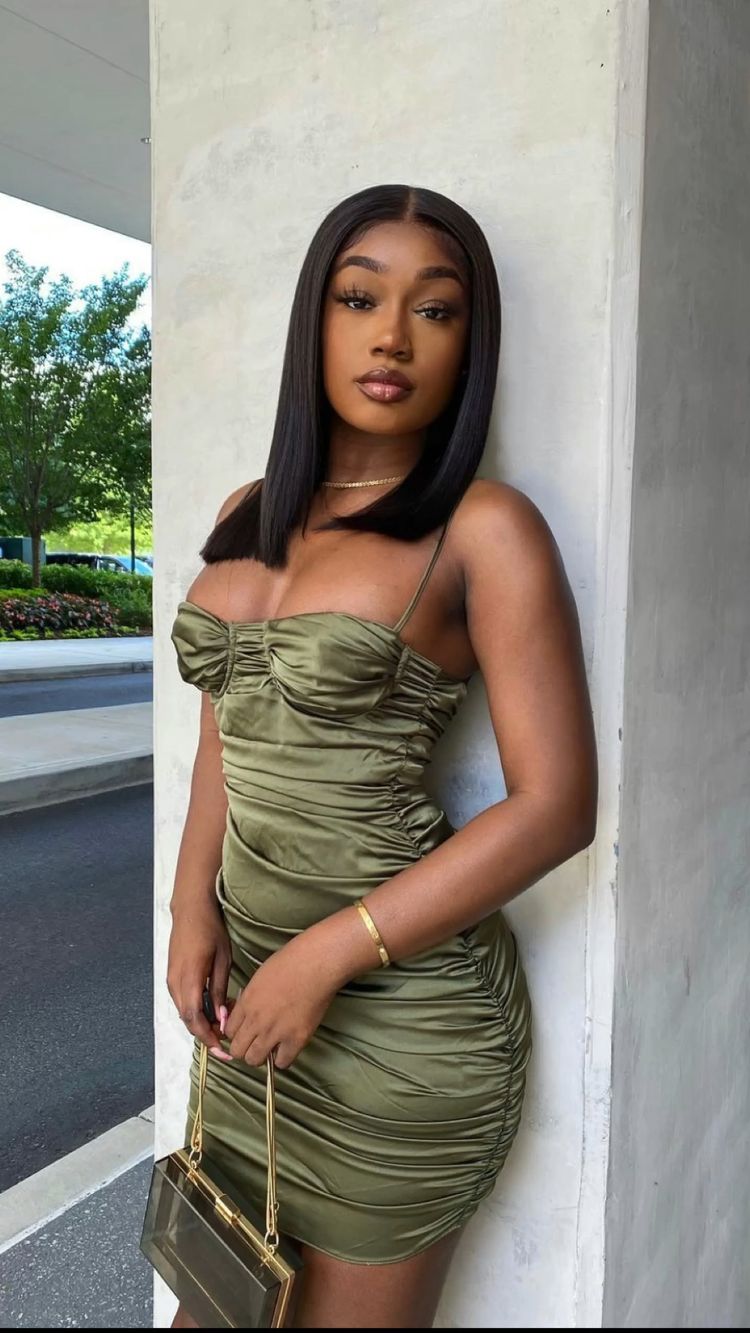 Olive Green Spaghetti Straps Ruched Short Party Dress Sexy Homecming Dress