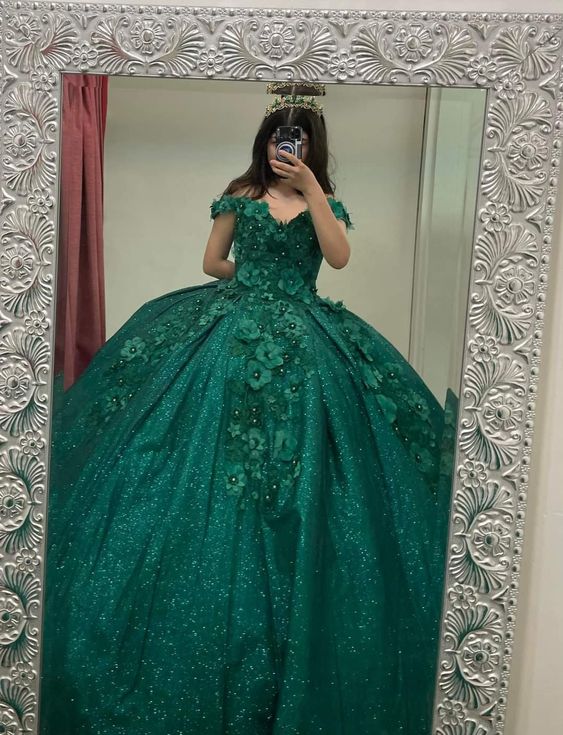 Off The Shoulder Ball Gown Green Sweet 16 Dress