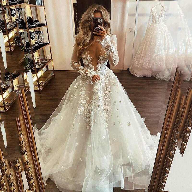 White lace appliqué long prom dress white evening dress