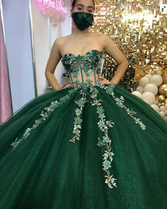 Green Ball Gown With Appliques Sweet 16 Dress Long Court Train