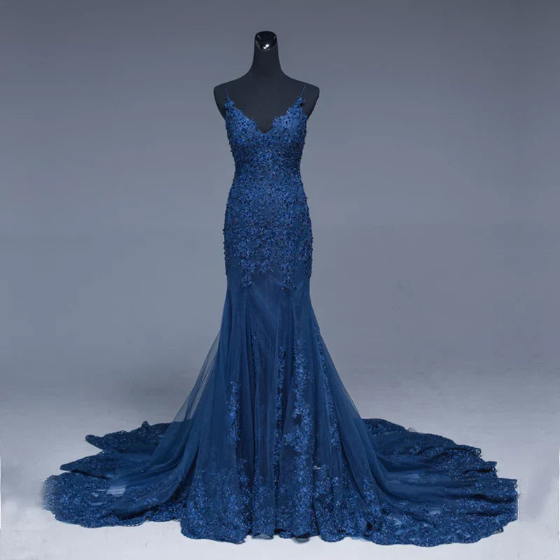Customized Sexy V Neck Mermaid Prom Dress Beaded Lace Applique Evening Dresses Long abendkleider Party Dress GRAY