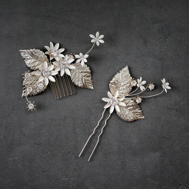 Wedding Accessories Rhinestones Hair Combs Pins Flower Leaf Hairpins Brides Bridesmaids Silver Color Head Piece Bridal Jewelry c