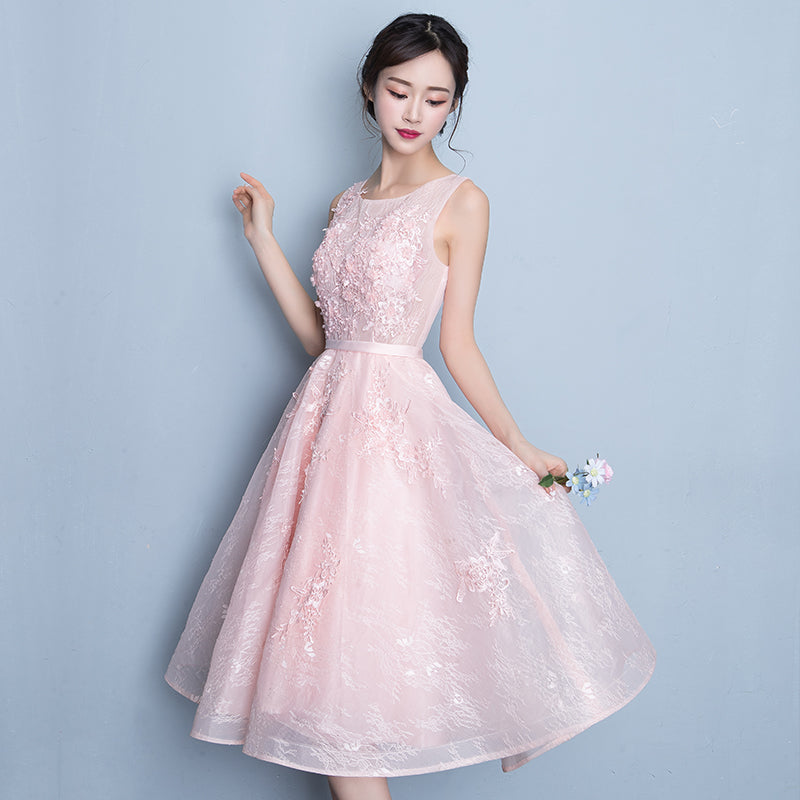 Pink round neck lace party dress, lace homecoming dress