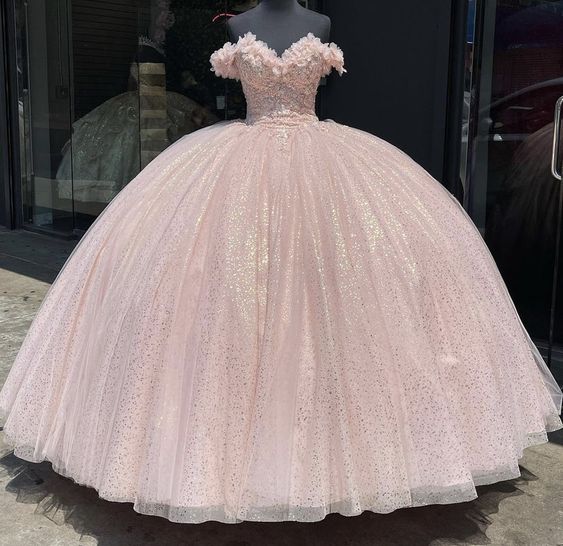 Off the shoulder pink ball gown glitter sweet 16 dress birthday dress