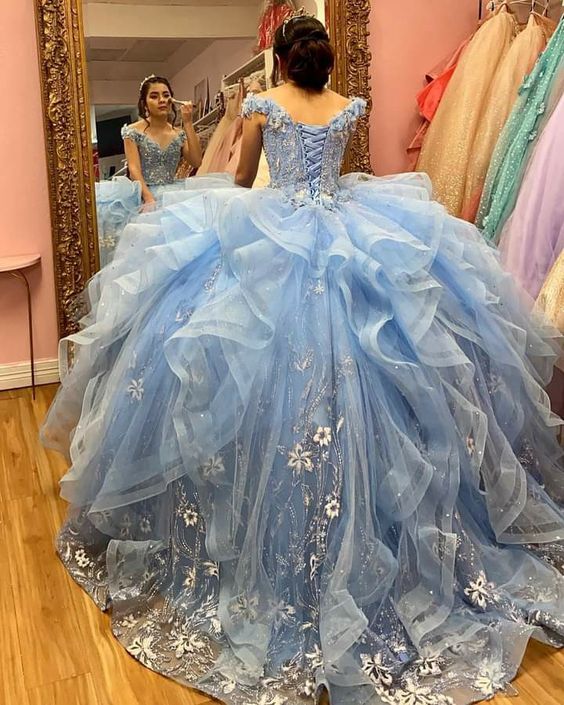 Off The Shoulder Blue Ball Gown Puffy Sweet 16 Dress