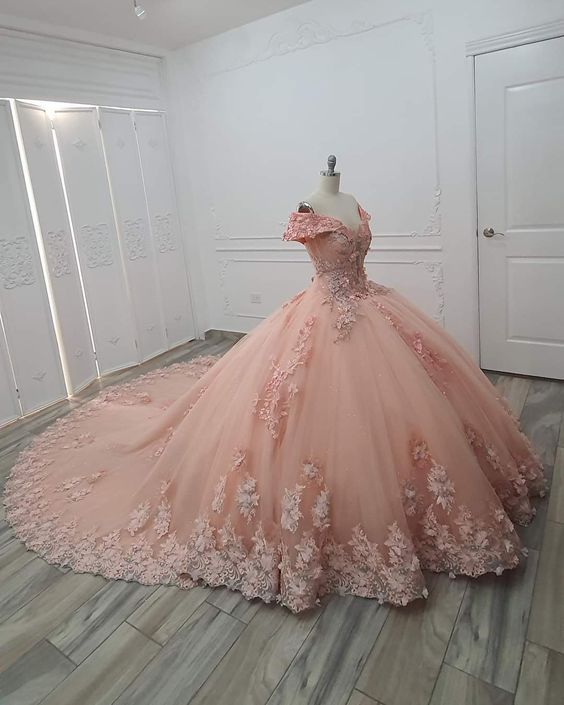 Off The Shoulder Pink Ball Gown Long Train Tulle Appliuqes Sweet 16 Dress