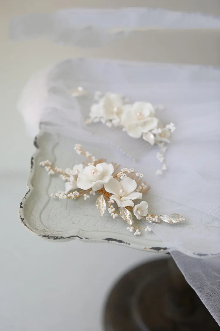 Porcelain Flower Leaf Hair Combs Clips Pearls Beaded Hairpins For Brides Women Headpieces Bridal Jewelry Wedding Accessories
