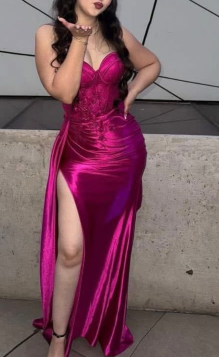 Sexy Strapless Hot Pink Satin Appliques High Slit Mermaid Evening Dress Formal Wedding Guest Dress