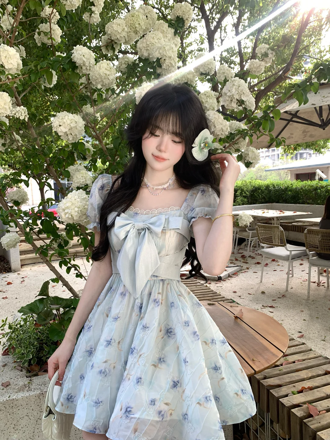 Cute Blue Chiffon Printed Floral A Line Short Prom Dress Formal Graduation Homecoming Dress