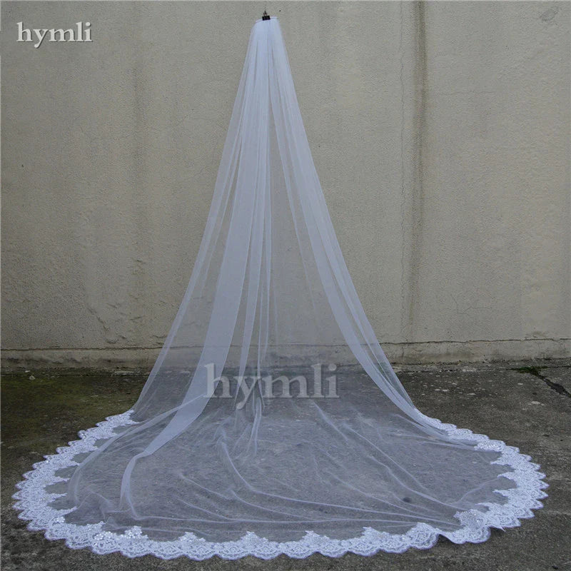 Cathedral Length Bridal Veil 1 Layer Long Lace Wedding Veil with Sequins for Brides Ivory 300cm