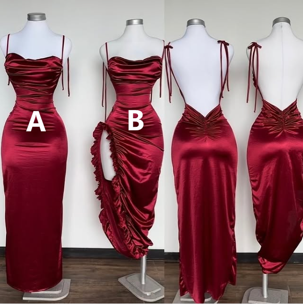Simple Burgundy Sheath Satin Evening Dress Formal Prom Dress