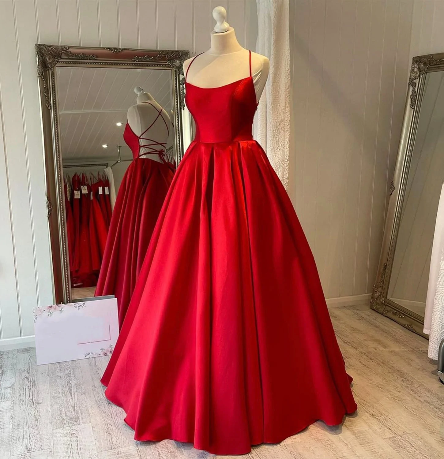 Red satin long prom dress simple evening gown