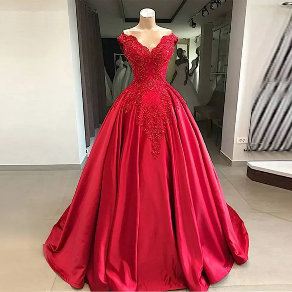 Customized Princess Ball Gown Prom Dress V Neck Red Wedding Party Dress With Beaded Lace Appliques Elegant Satin Evening Gowns Red