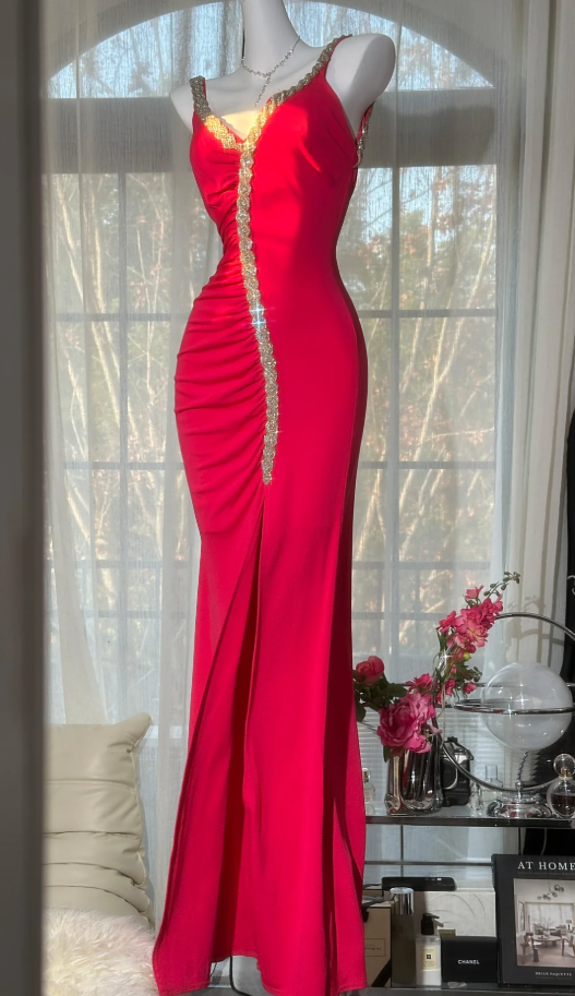Glamorous V Neck Red Satin Beaded Mermaid Slit Party Dress Long Birthday Prom Dress