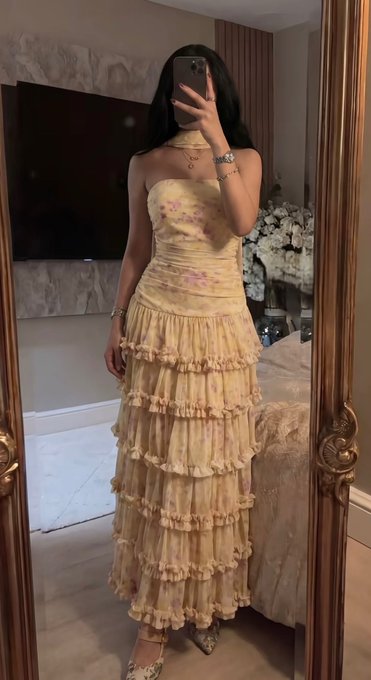 Sweet Yellow Floral Print Strapless A-line Chiffon Long Prom Dress Evening Dress