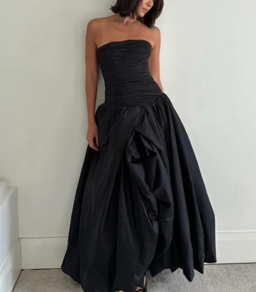 Fashion Black Ruched Slit Party Gown A Line Prom Evening Dress