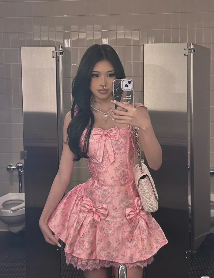 Beautiful Pink Satin Print Floral A Line Homecoming Dress Cocktail Dress