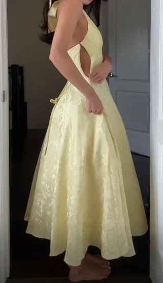 Deep V Neck Yellow Satin Print Floral Party Evening Gown Halter Prom Dress