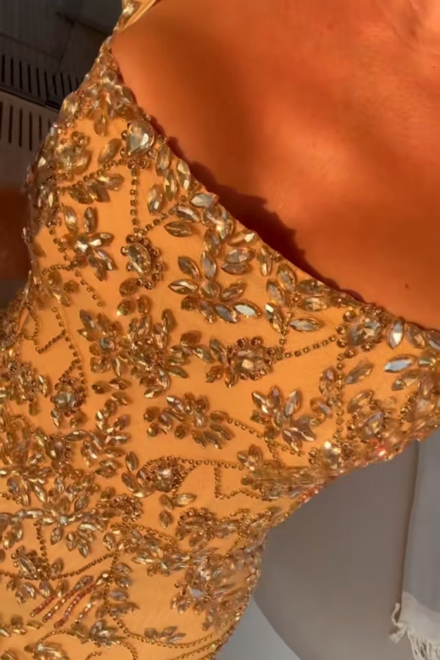 Gorgeous Gold Square Neck Sheath Slit Cocktail Dress Formal Graduation Homecoming Dress