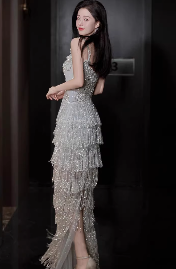 Glitter Spaghetti Straps Silver Satin Beaded Layered Tassel Long Party Dress Evening Gown