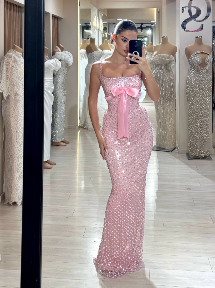 Gorgeous Spaghetti Straps Pink Sequin Beaded Mermaid Evening Dress Long Party Dress