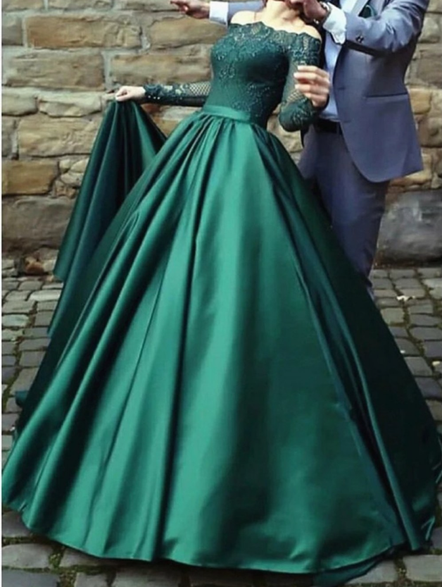 modest dark green party dress, off the shoulder prom dresses ,prom dress with long sleeves, evening gowns with lace