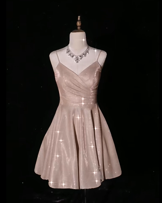 Charming Blush Pink Spaghetti Straps V Neck Satin A Line Short Homecoming Dress Cocktail Dress