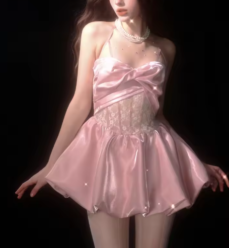 Cute Spaghetti Straps Satin Lace Birthday Outfits Pink A Line Homecoming Dress