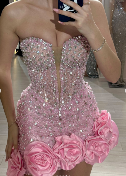 Beautiful Pink Strapless Tulle Beaded Rose Flowers Homecoming Dress Sexy Cocktail Dress