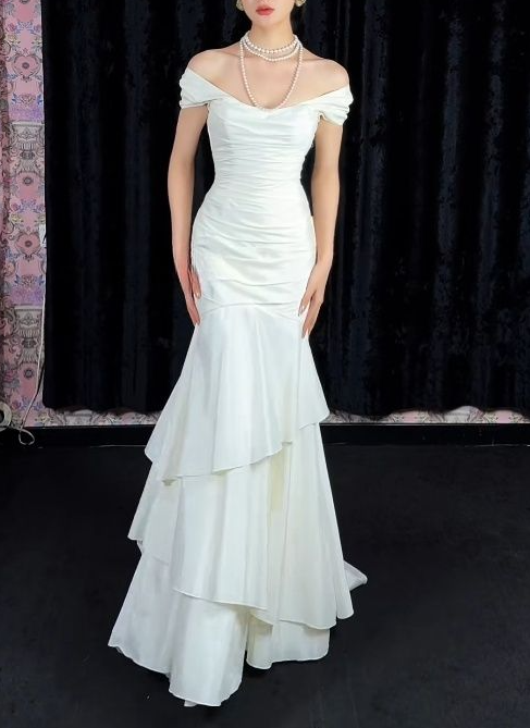 Elegant White Off The Shoulder Layered Satin Mermaid Long Evening Dress Formal Wedding Guest Dress