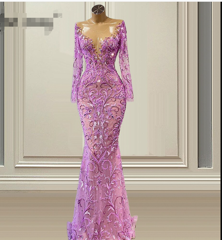 Long Sleeve Women's Evening Dress Purple Mermaid Evening Gowns Handmade Beaded Wedding Evening Dress