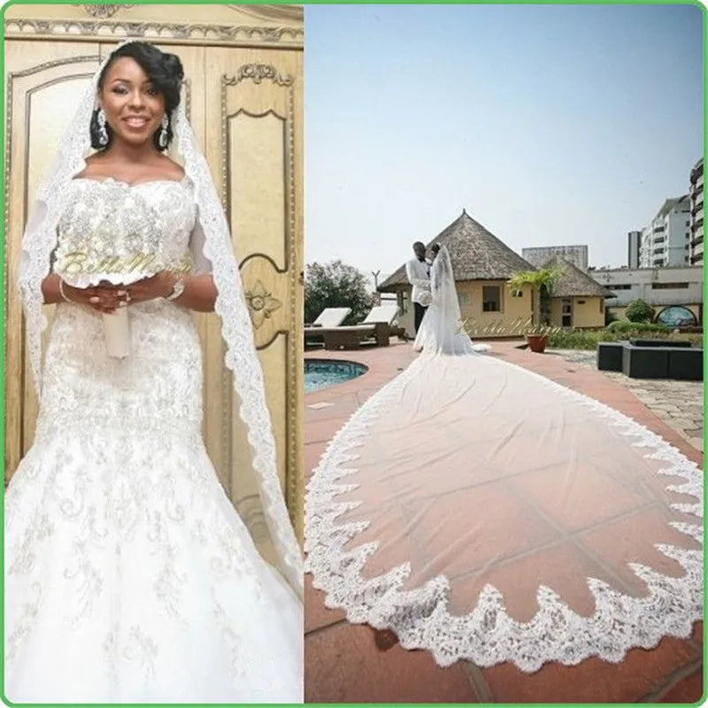 Long Veil 500CM (197") Single Layer Wedding Veil Lace Bridal Veil with Metal Comb Ivory