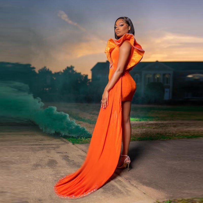 Orange Velvet Short Prom Dress Beaded Ruffle Sleeve Real Picture African Dark Skin Girl Party Dress