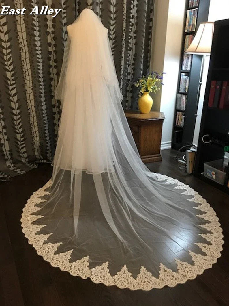 Cathedral Lace Veil 2-Tier 100" wide X 100" (2.5 meter) long Lace Trim on Floor Section White