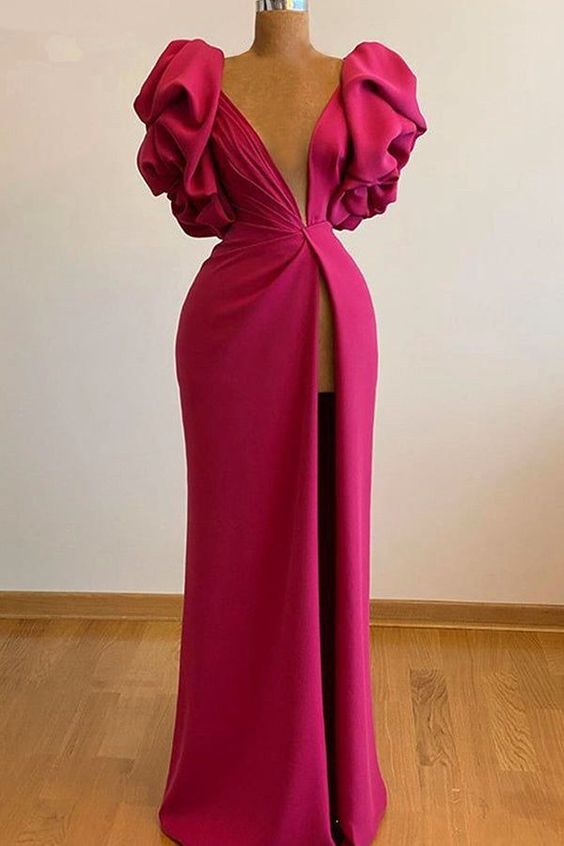 Sexy ruffle shoulder long slit gown evening dress