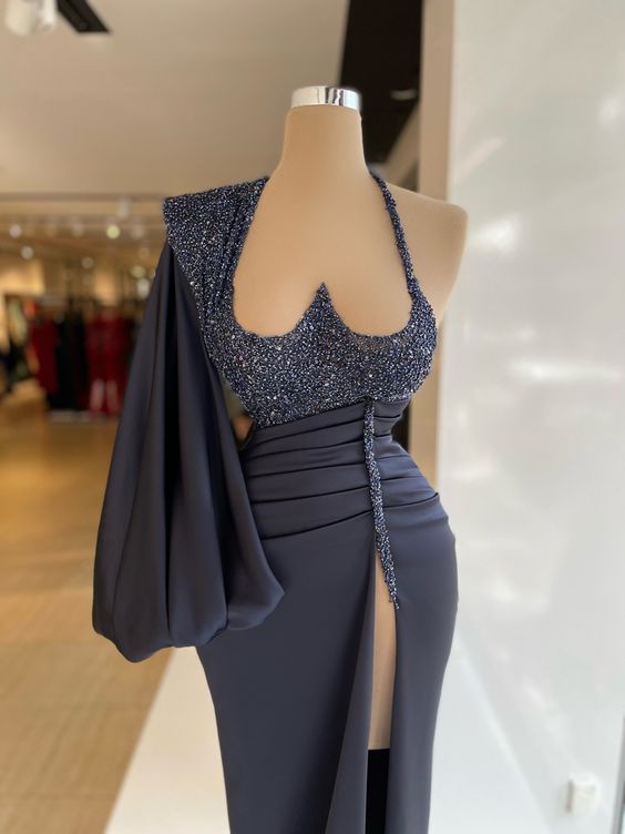 Sexy evening dress high split prom dress unique shape bust puffy sleeves