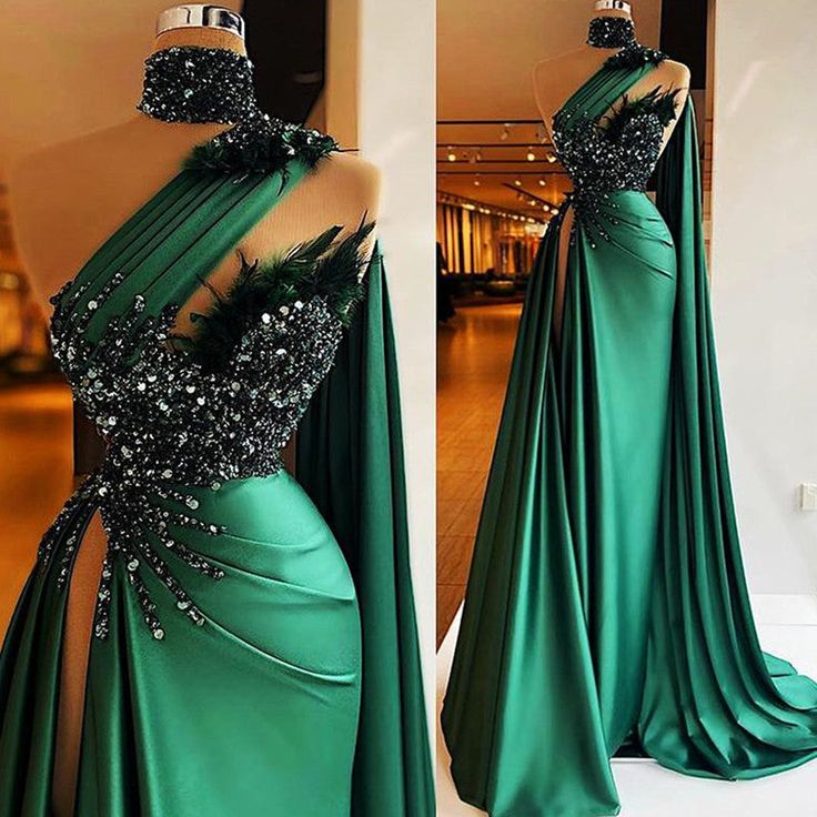 Luxury One-Shoulder Beads Evening Dress Mermaid Green Women Sexy Prom Gown With Train Satin Backless Feather