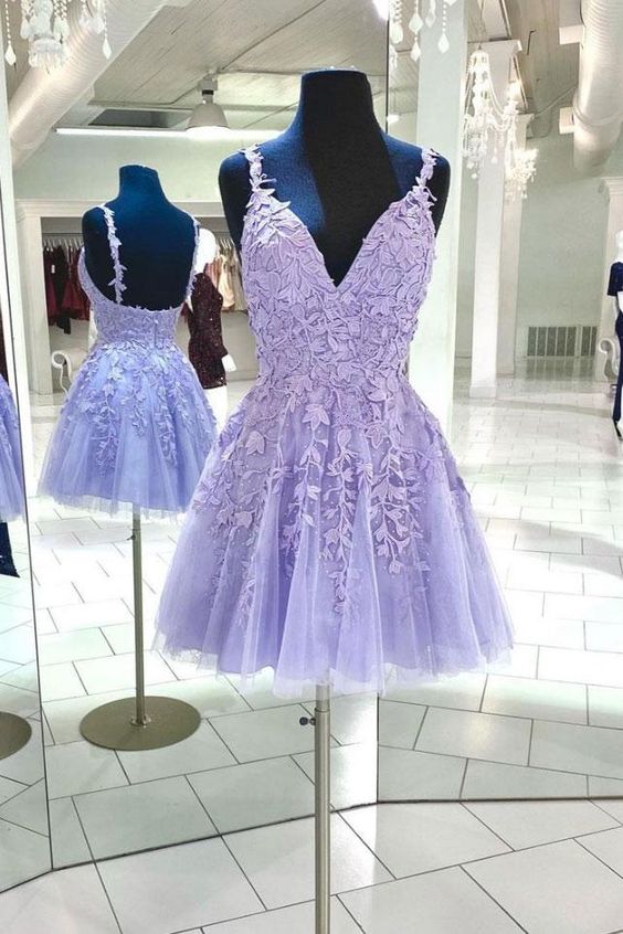 Purple tulle lace short prom dress, purple homecoming dress