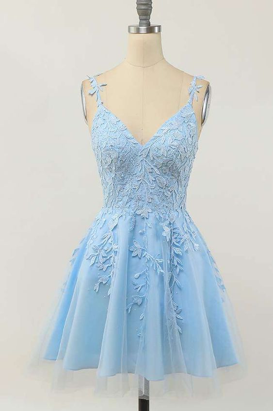 Light Blue Lace A-line Short Homecoming Dress