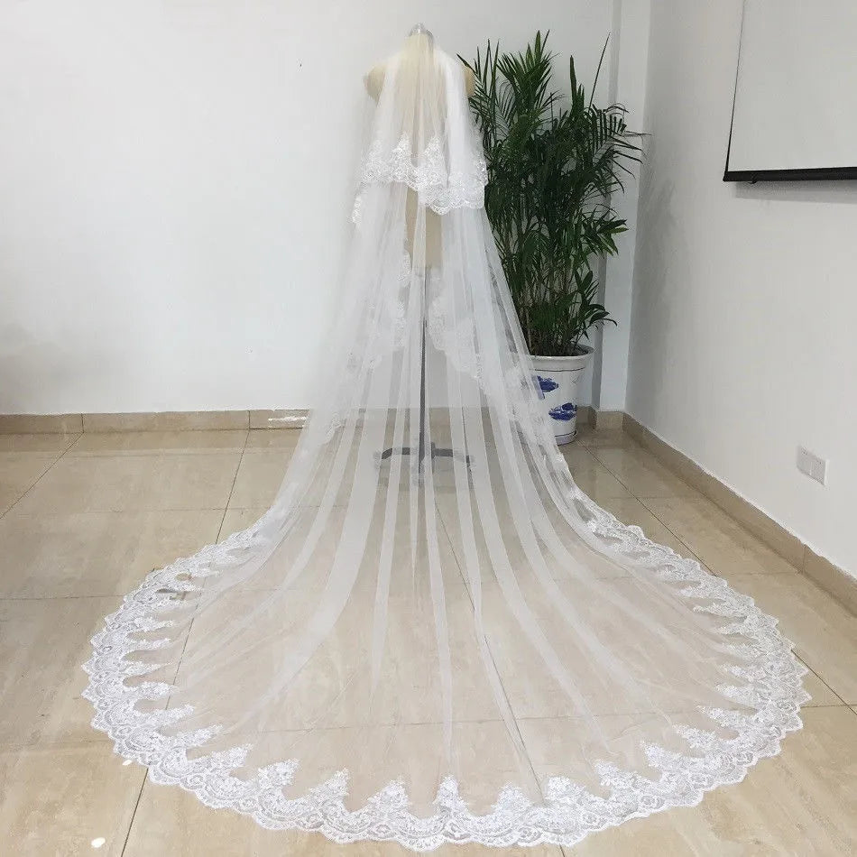 2 Layer Cathedral Wedding Veil 3m Long Lace Bridal Veil with Comb Elegant White Bridal Accessory