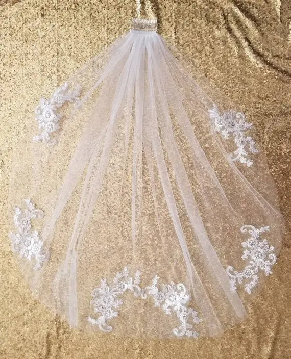 36" Single Layer Lace Applique with Rhinestone Wedding Veil 90cm