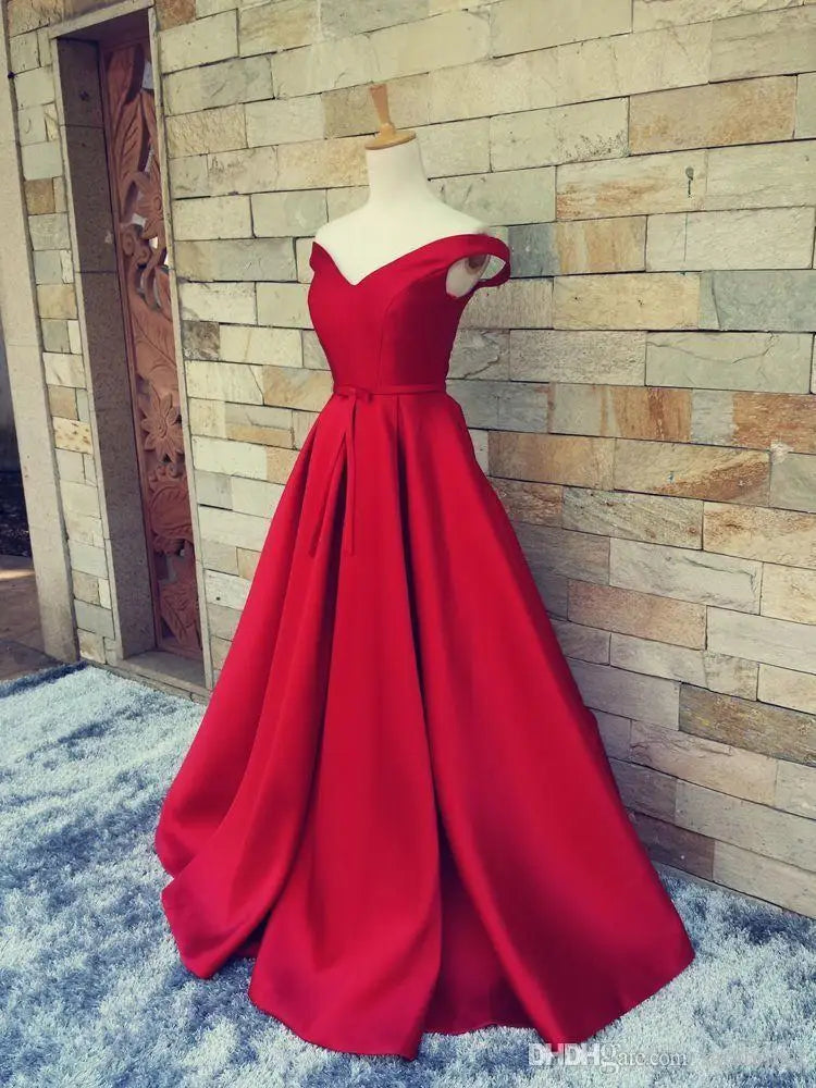 Customized Red Long Satin Prom Gowns Sexy V Neck Vestidos Open Back Vintage Evening Dresses Women Formal Party Dress