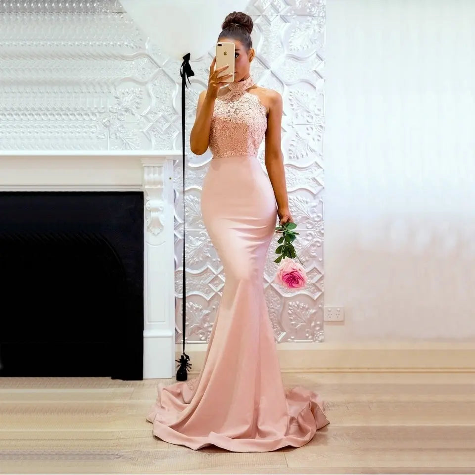 customized Sexy Backless Mermaid Evening Dresses Halter Lace Formal Party Dress Elegant Evening Gown Long robe de soiree Same color picture