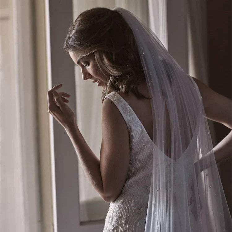 One Layer Wedding Veil Pearl Veil Cut Edge Bridal Veil in Light Ivory ,Champagne