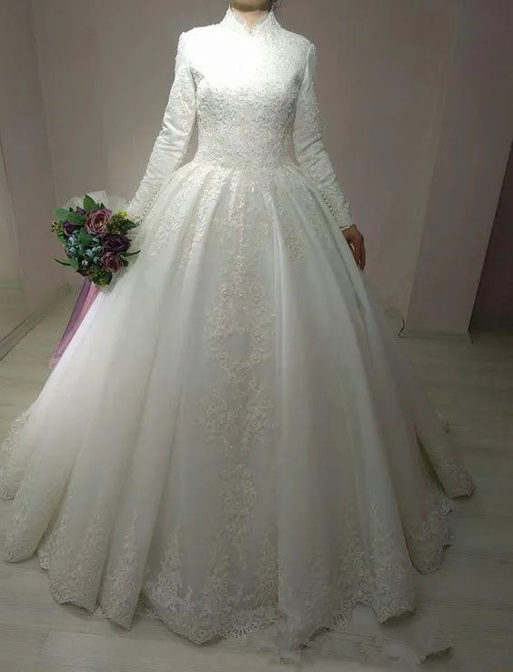 Customized Lace Applique Muslim Wedding Dress Arabic Bridal Gown Islamic Long Sleeve High Neck Arab Ball Gown Robe De Mariage WHITE